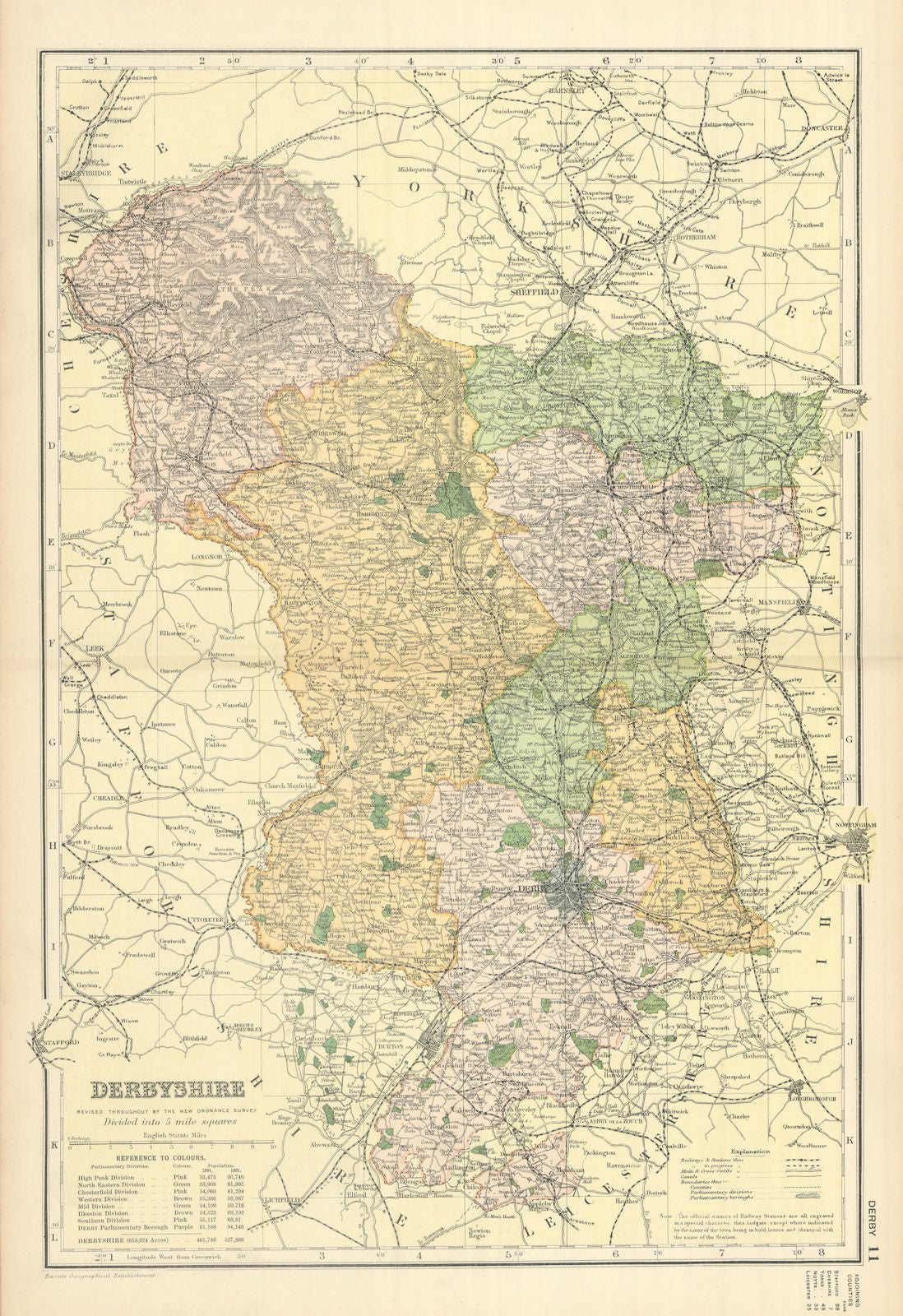 DERBYSHIRE antique county map by GW BACON 1898 old plan chart